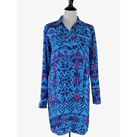 Tori Richard Size 2 Silk Popover Dress Long Sleeve Geometric Blue Pink - Picture 2 of 10